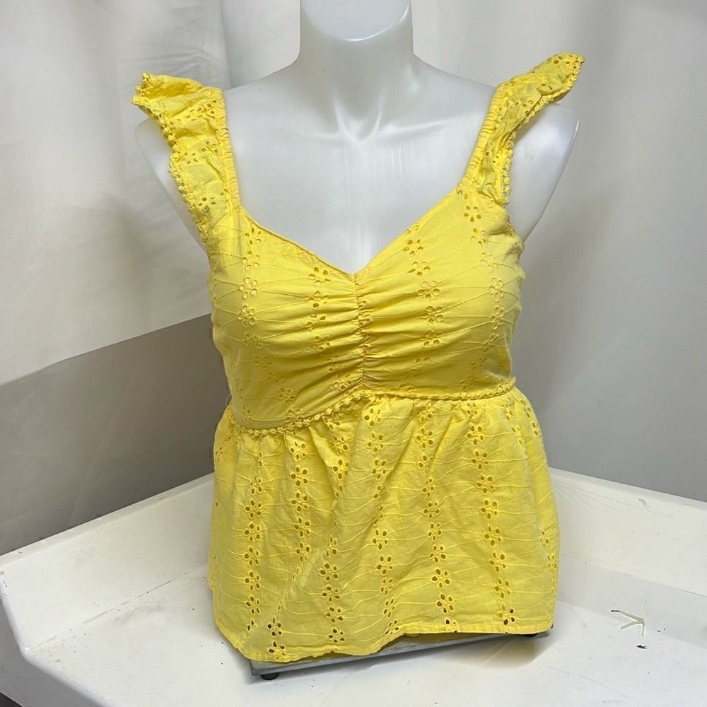 Japna Womens Yellow Flower Perforations Smocked back V-Neck Sleeveless Top Large